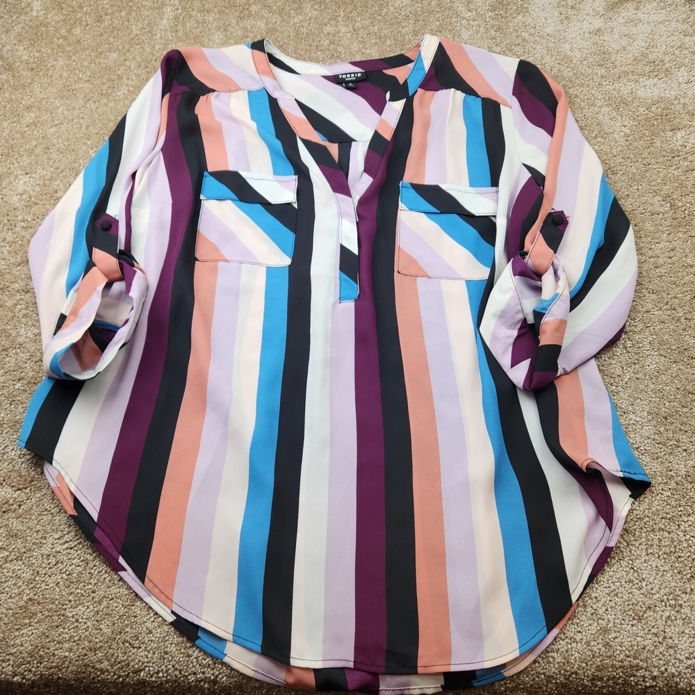 Torrid Harper Blouse Womens 0 L Plus Multicolor‎ Stripe Roll Tab V-Neck Pullover